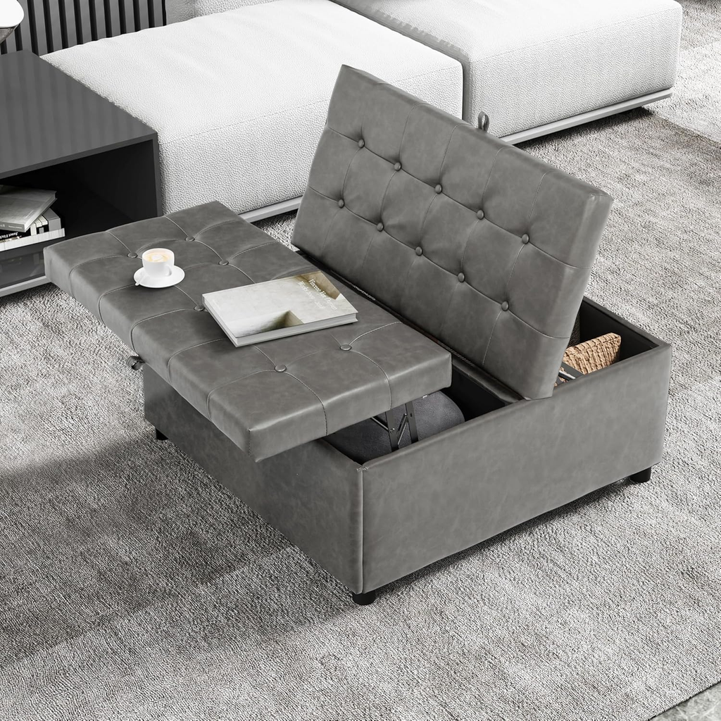 LAZZO Storage Ottoman, 35.5" Lift Top Tufted Leather Foot Stool with Hidden Storage for Living Room, Gray