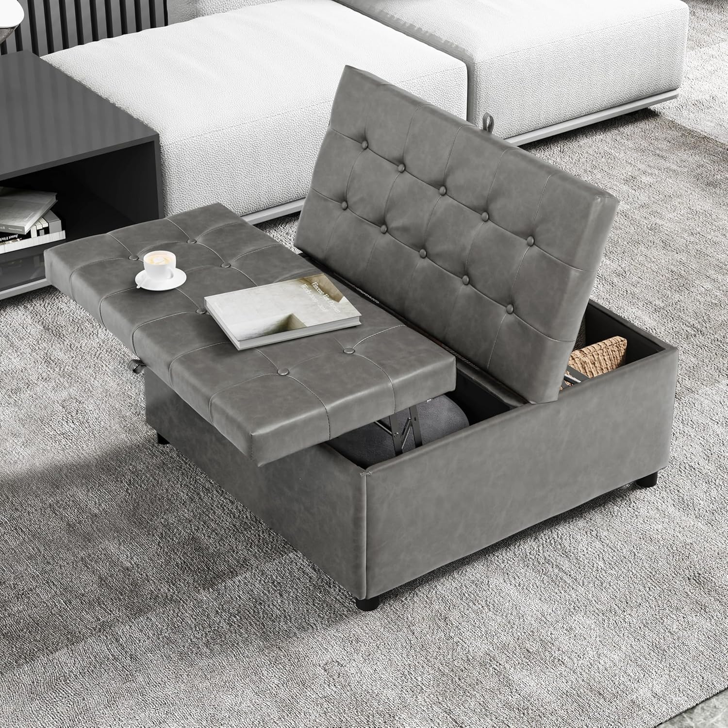 LAZZO Storage Ottoman, 35.5" Lift Top Tufted Leather Foot Stool with Hidden Storage for Living Room, Gray