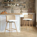 LAZZO Swivel Bar Stools Set of 2, 26” Counter Height Mid-Century Modern Stools with Natural Rattan Woven Back & Faux Leather Seat, White