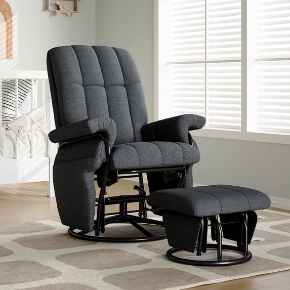 LAZZO Swivel Rocking Recliner Chair, Nursery Glider Chair with Ottoman and Side Pockets for Living Room and Bedroom, Gray
