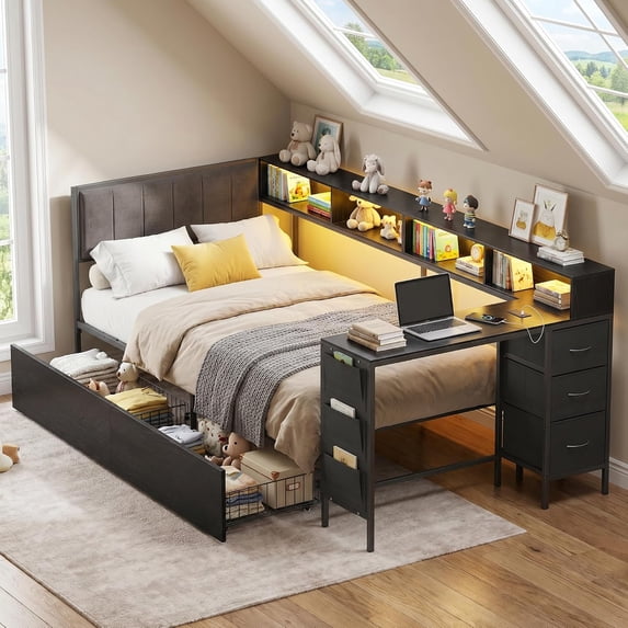 LAZZO Twin Corner Bed Frame with Storage,Twin Size Bed Frame with LED Lights and Charging Station, Daybed Frame with Upholstered Headboard, Black