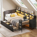 LAZZO Twin Corner Bed Frame with Storage,Twin Size Bed Frame with LED Lights and Charging Station, Daybed Frame with Upholstered Headboard, Black