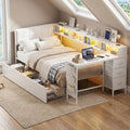 LAZZO Twin Corner Bed Frame with Storage,Twin Size Bed Frame with LED Lights and Charging Station, Daybed Frame with Upholstered Headboard, White