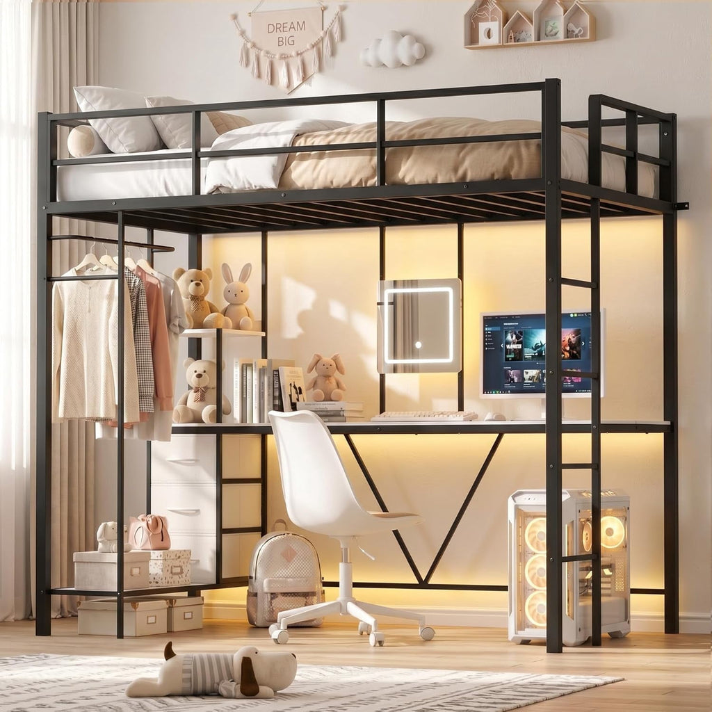 LAZZO Twin Loft Bed with Desk & Vanity, Built-in Power Strip, Storage Drawers, Space-Saving Metal Frame, No Box Spring Required, Black