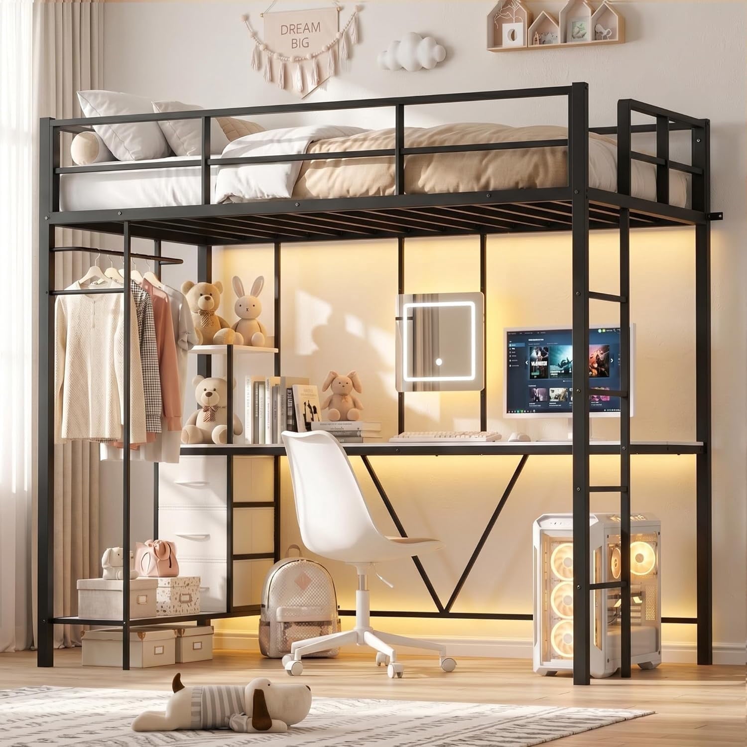 LAZZO Twin Loft Bed with Desk & Vanity, Built-in Power Strip, Storage Drawers, Space-Saving Metal Frame, No Box Spring Required, Black