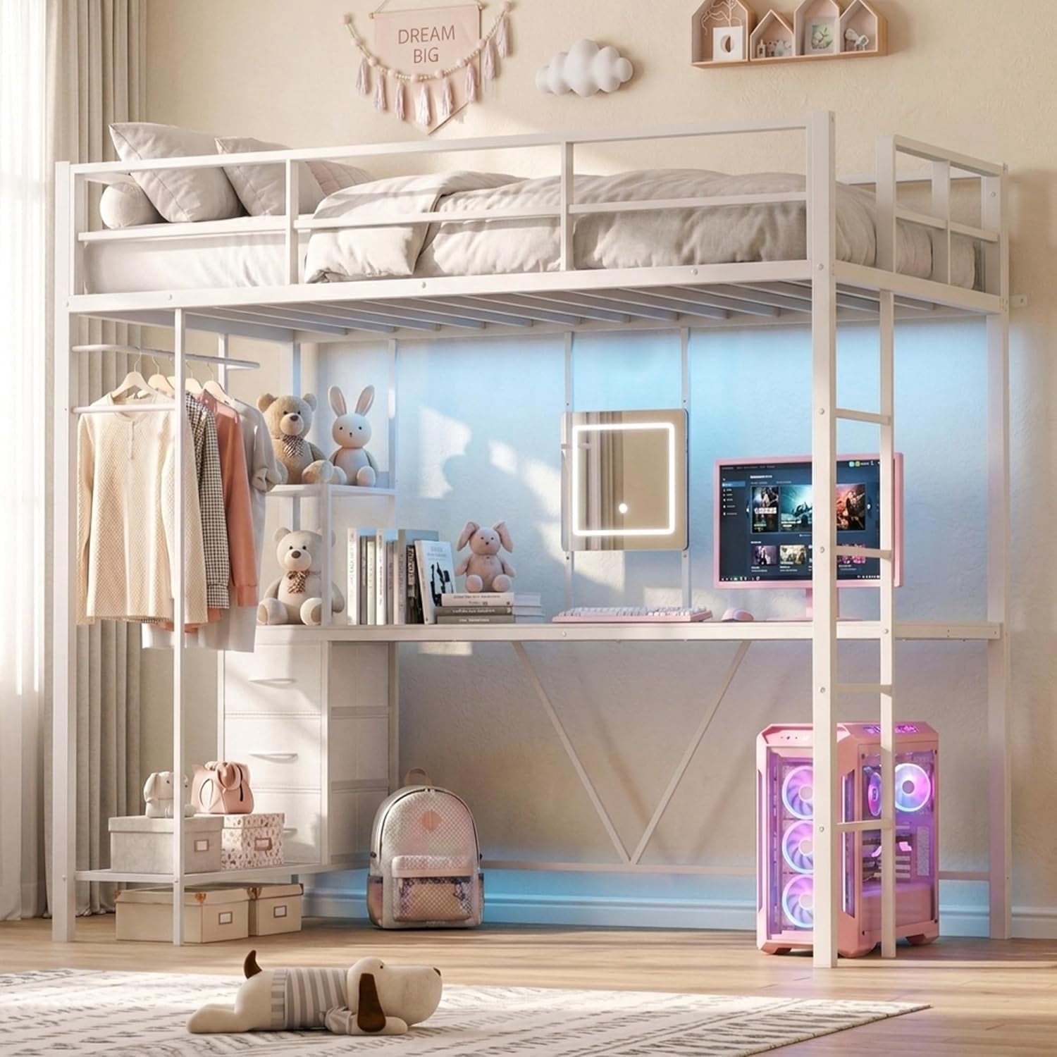 LAZZO Twin Loft Bed with Desk & Vanity, Built-in Power Strip, Storage Drawers, Space-Saving Metal Frame, No Box Spring Required, White