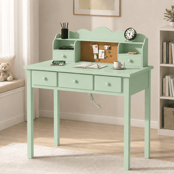 LAZZO 36“ Writing Desk with Built-in Outlet and Detachable Hutch, Wooden Computer Desk for Small Place and Home Office, Green