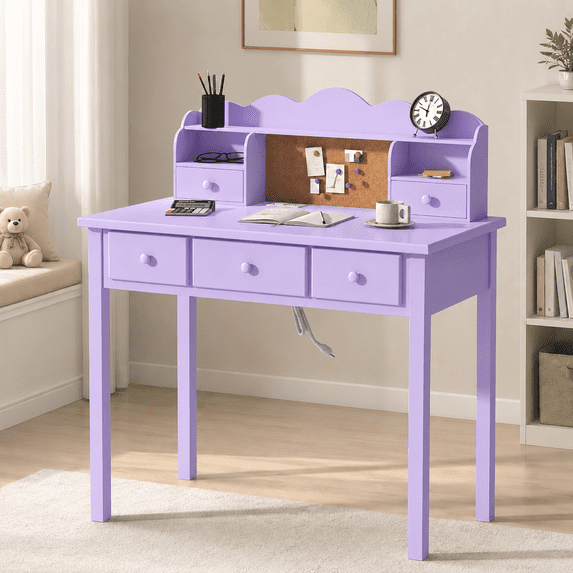 LAZZO 36“ Writing Desk with Built-in Outlet and Detachable Hutch, Wooden Computer Desk for Small Place and Home Office, Purple