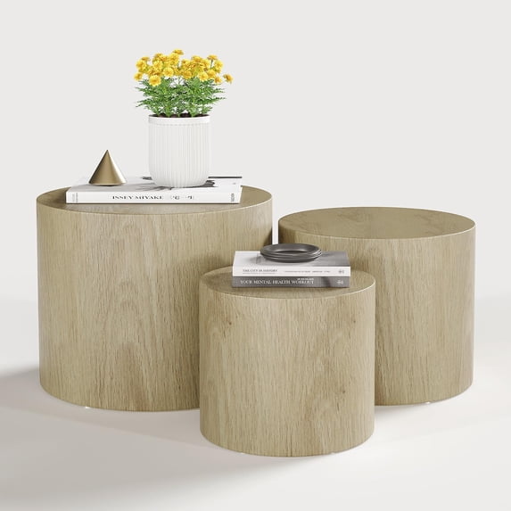 LAZZO Nesting Round Coffee Table Set of 3, Modern Wooden Accent Side Table, Space-Saving Table for Living Room Bedroom, Natural Wood Color