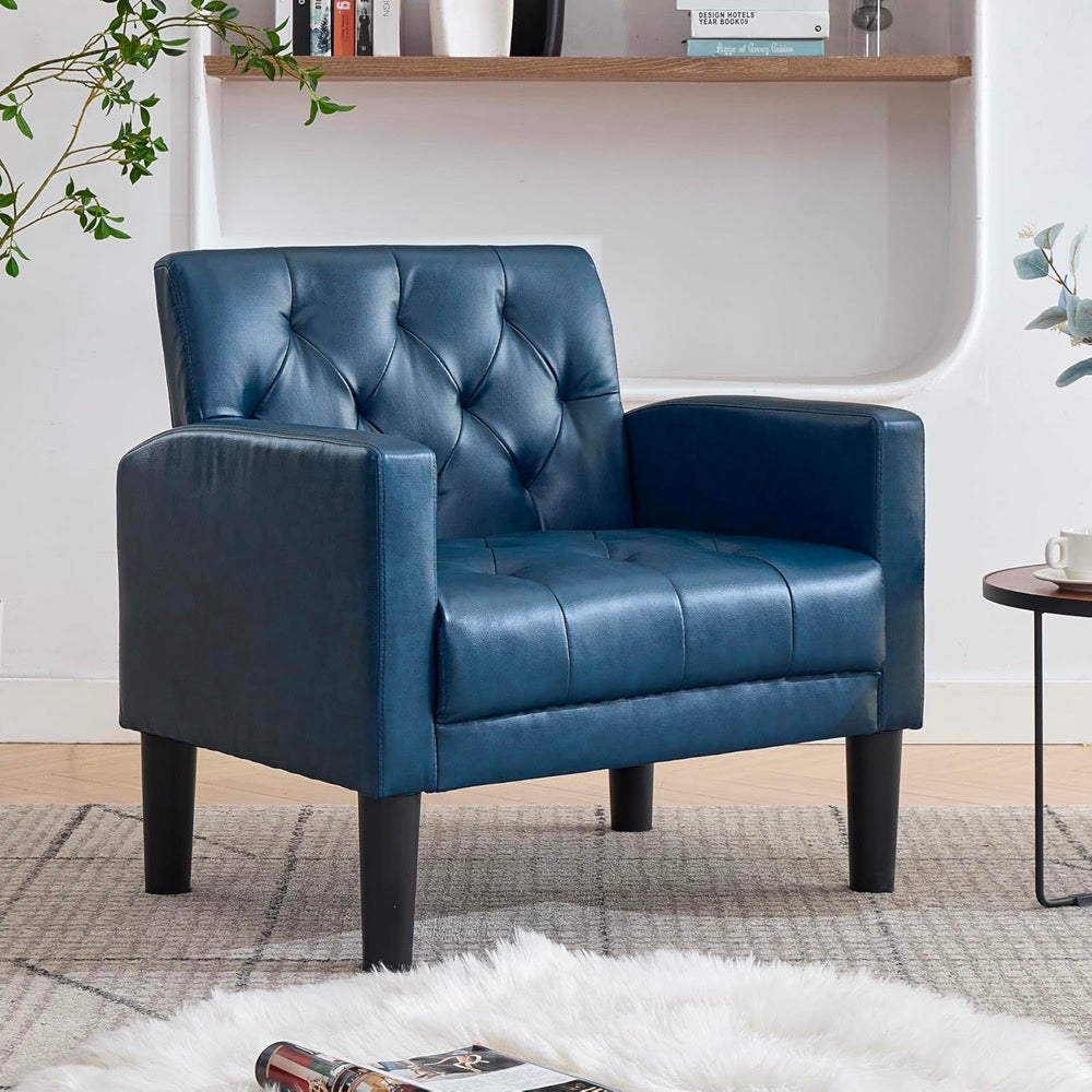 TYBOATLE Accent Chair Comfy Living Room Chair Leather Tufted Mid Century Modern Accent Chair, Small Cozy Reading Arm Chair for Office, Bedroom (1, Blue)