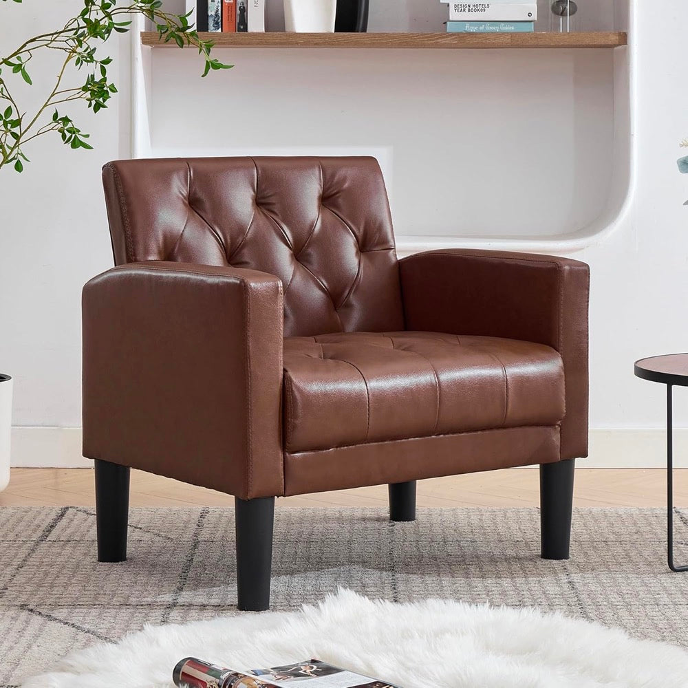 TYBOATLE Accent Chair Comfy Living Room Chair Leather Tufted Mid Century Modern Accent Chair, Small Cozy Reading Arm Chair for Office, Bedroom (1, Brown)