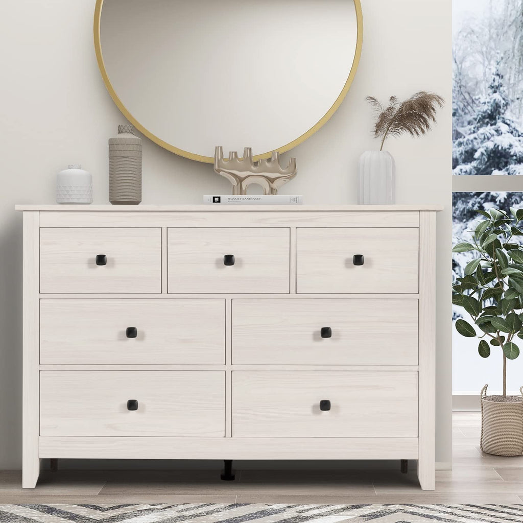 LAZZO 7-Drawer Dresser, Farmhouse Wooden Chest of Drawers for Bedroom Living Room and Hallway, White