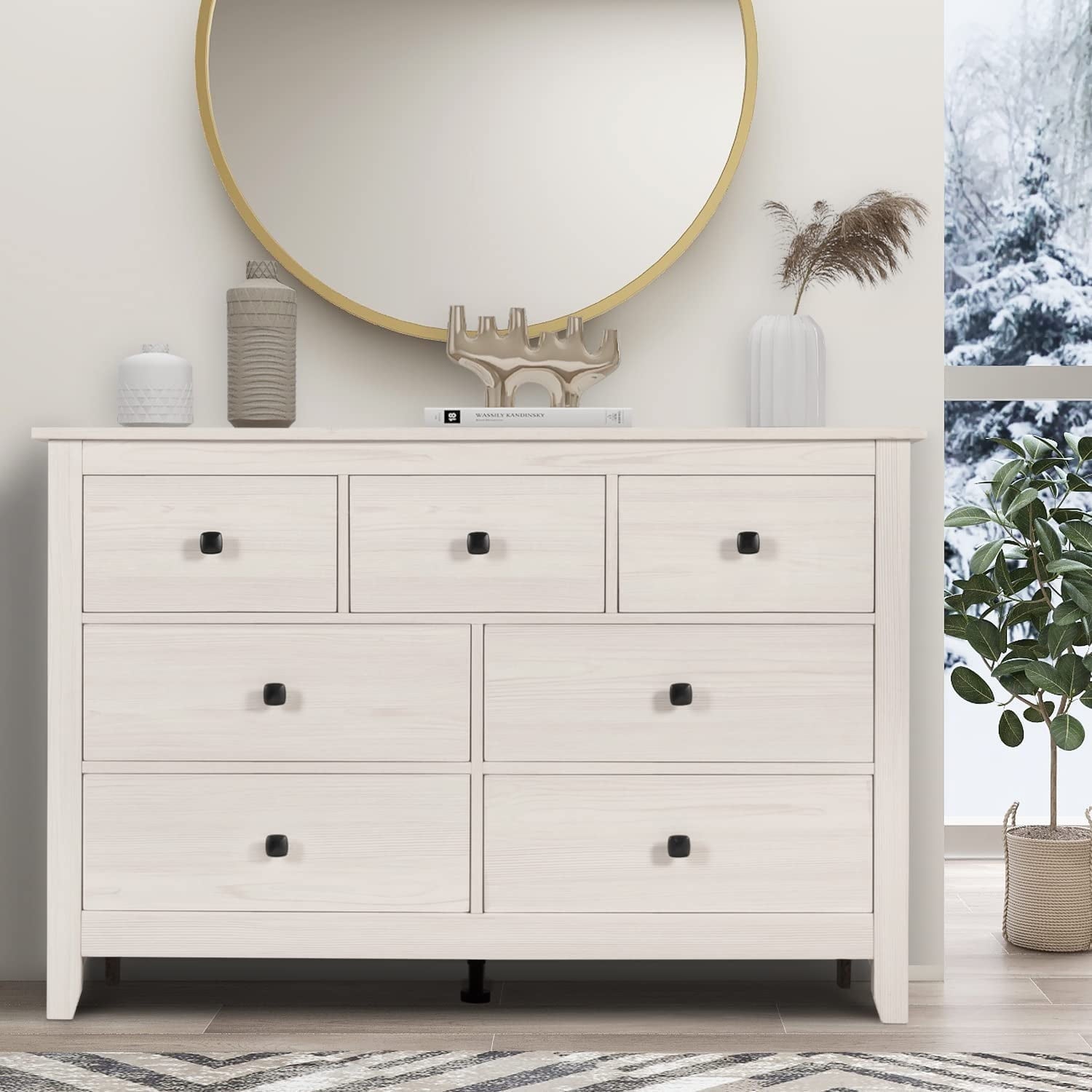 LAZZO 7-Drawer Dresser, Farmhouse Wooden Chest of Drawers for Bedroom Living Room and Hallway, White
