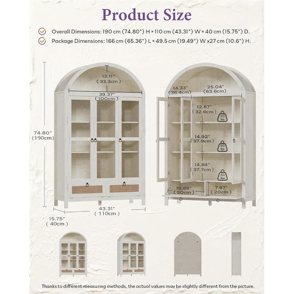 LAZZO 75" Arched Pantry Cabinet with Glass Doors, Rattan Drawers and Anti-Tipping Storage Cupboard for Kitchen and Living Room, White