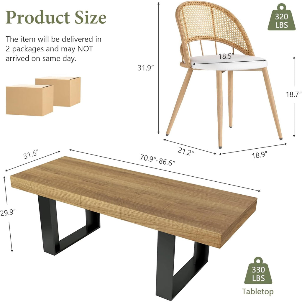LAZZO 71"-87" Expandable Dining Set, 5-Piece Farmhouse Rectangular Wood Table with 4 Upholstered Chairs, Brown
