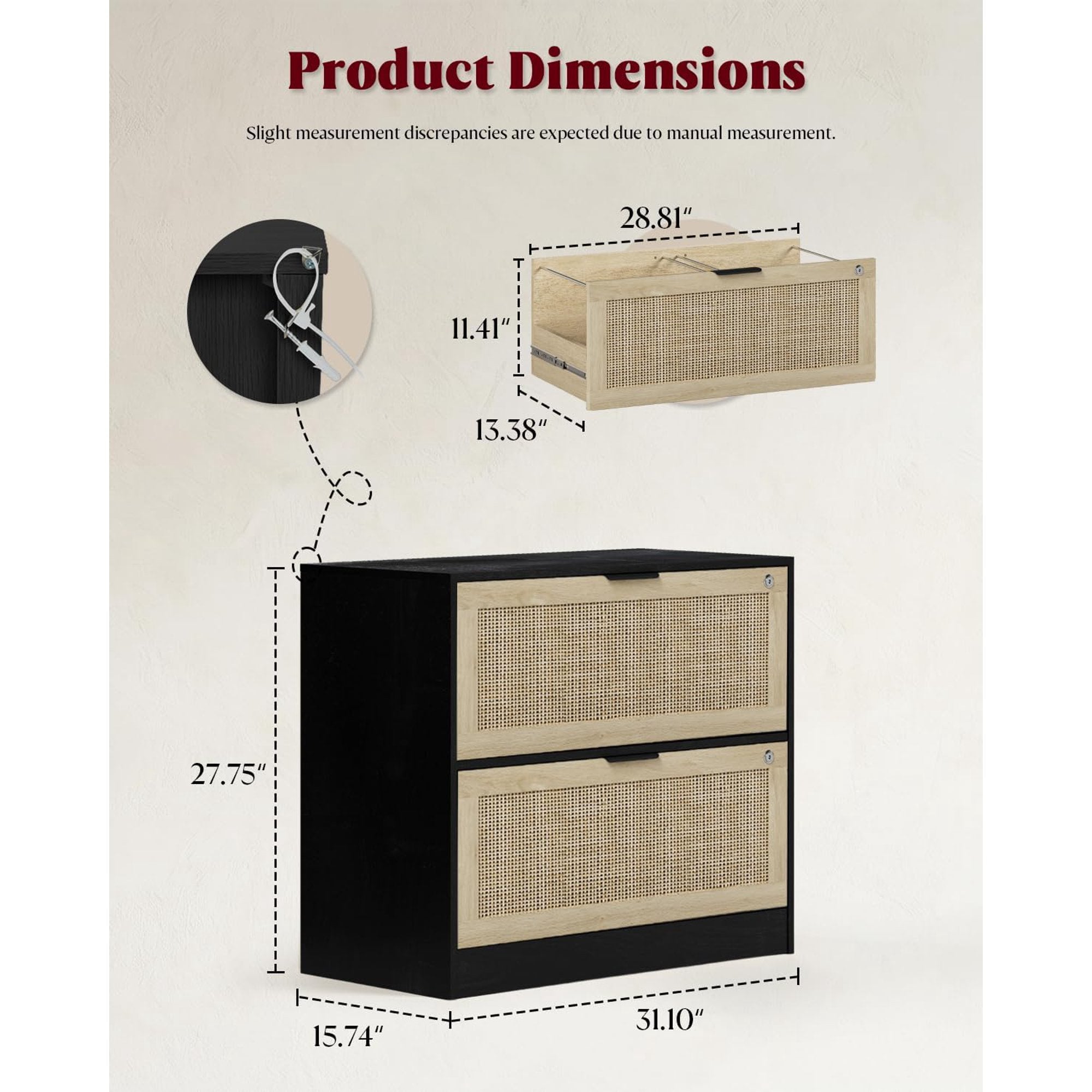 LAZZO 2-Drawer Lateral File Cabinet with Lock, Rattan-Front Wood Cabinet for Letter, Legal, A4 and F4 Files, Black