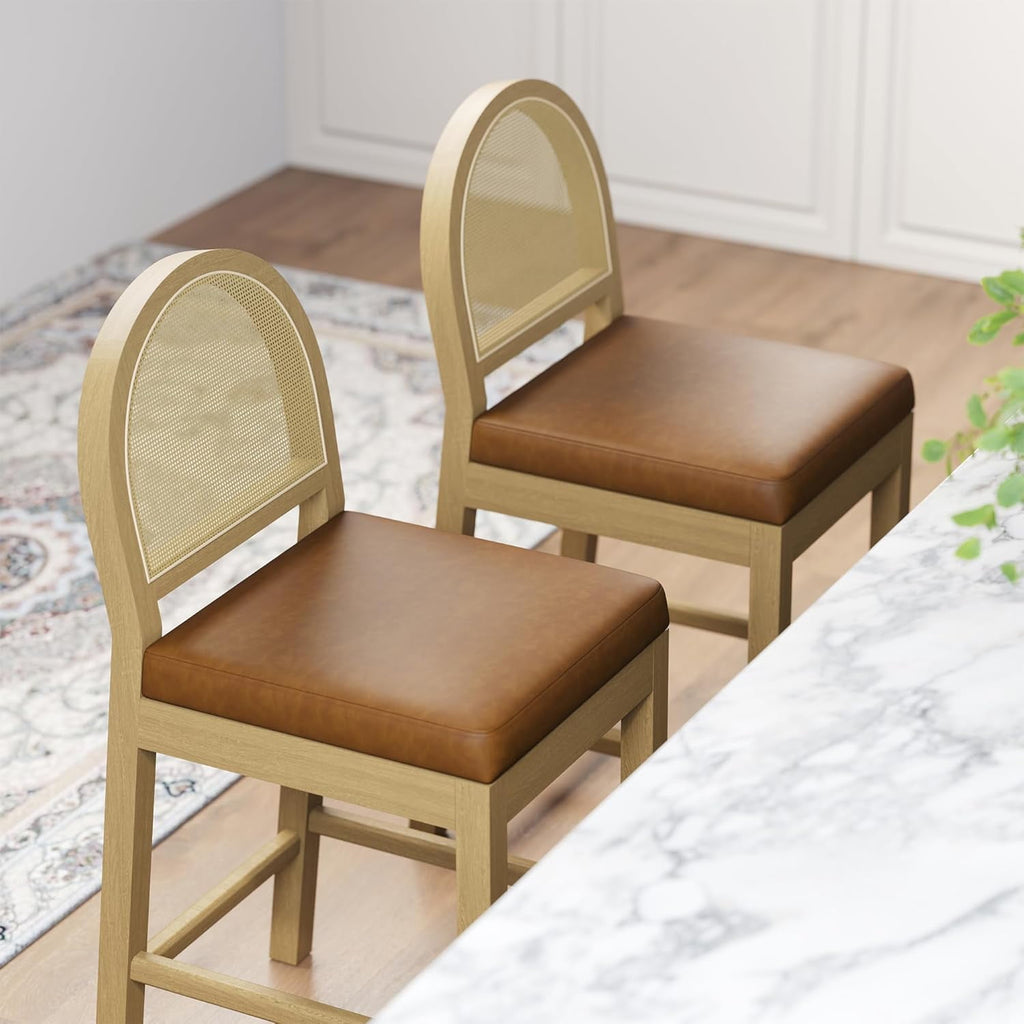 LAZZO Rattan Bar Stools Set of 2, Wooden Counter Height Stools with Rattan Woven Back and Chenille Seat for Dining Room, Brown
