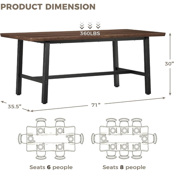 LAZZO 71" Farmhouse Dining Table for 6, Rectangular Wood Kitchen Table with Wavy Edge and Metal Legs for Dining Room, Walnut