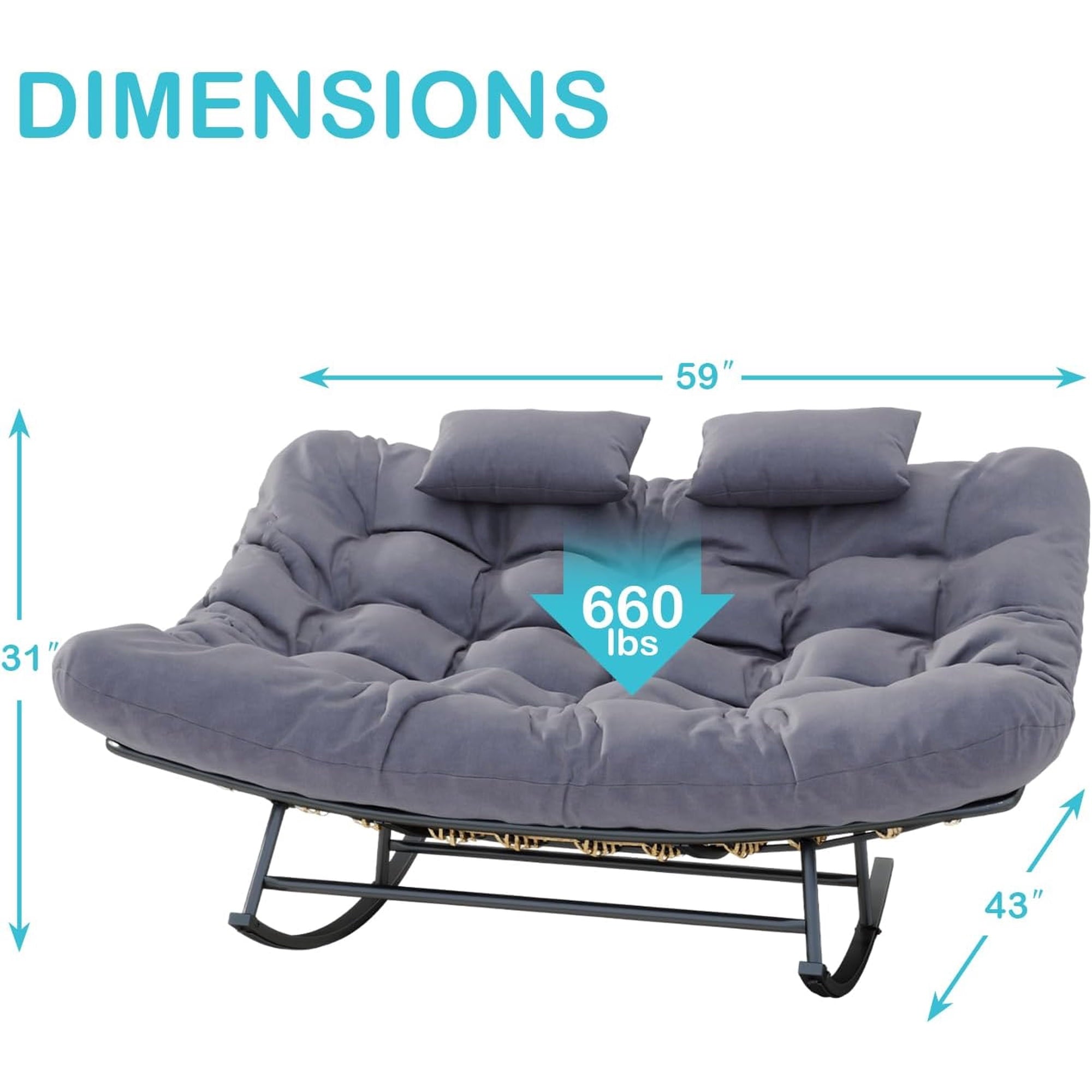 LAZZO Outdoor Rocking Papasan Chair with Headrests, 2-Person Oversized Loveseat Rocker with Soft Cushion for Garden & Balcony, Gray