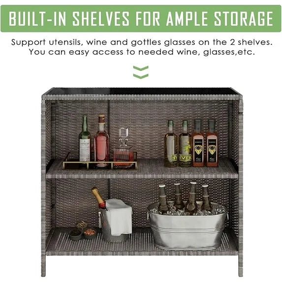 LAZZO 3 Pieces Outdoor Bar Set, Patio Wicker Bar Set with Height Stools and Islander Tiki Bar for Garden, Gray