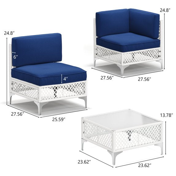 LAZZO 5-Piece Patio Furniture Set, Outdoor Wicker Conversation Set with Thick Cushions & Coffee Table for Backyard and Garden, Blue