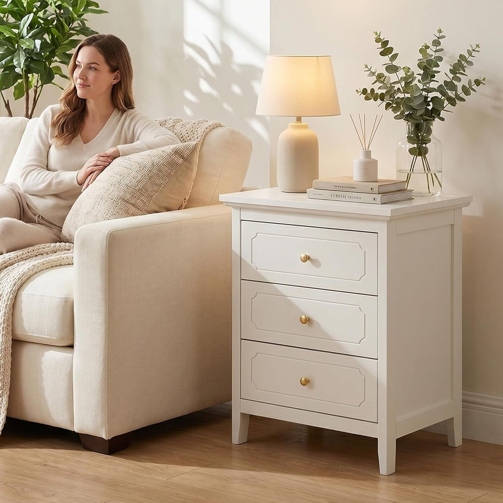 LAZZO 3-Drawer Nightstand Set of 2, Storage Side End Table for Bedroom and Living Room, White