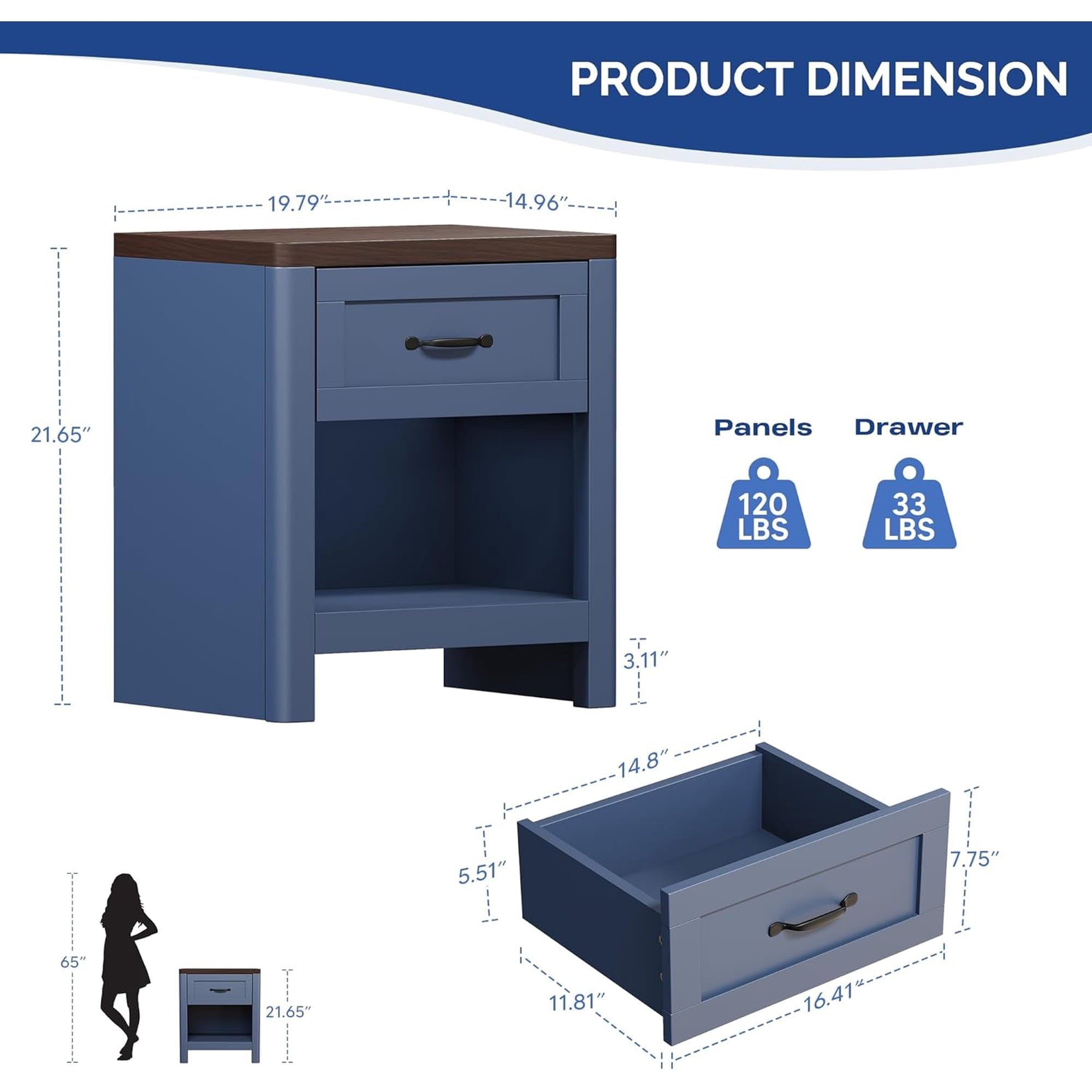 LAZZO Set of 2 Nightstands, Blue Small Bedside Table with 1 Drawer and Open Storage Shelf for Bedroom