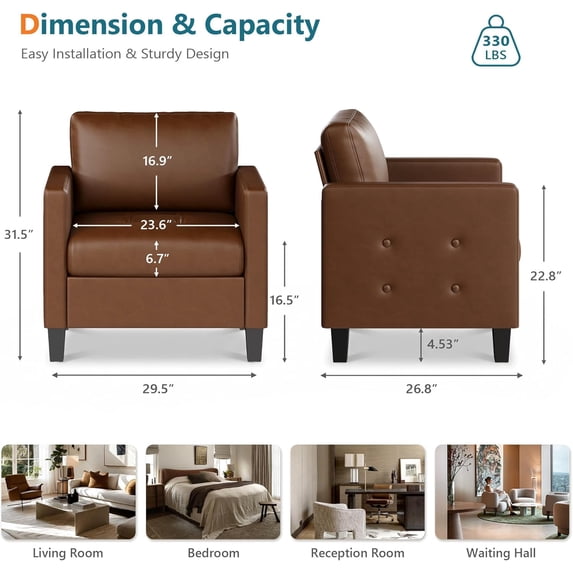 LAZZO Faux Leather Accent Chair, Mid-Century Modern Armchair with Tufted Seat and Armrests for Living Room and Office, Brown