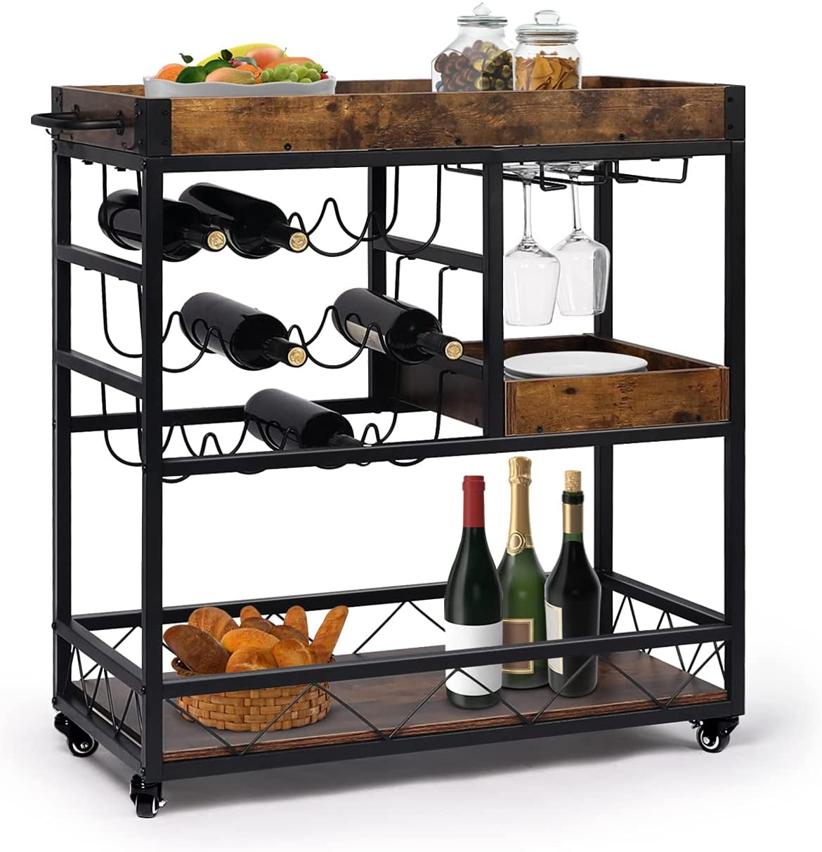 Large Bar Cart for Home Kitchen Baker's Rack with Removable Tray Box, Drawer, Industrial Wine Cart with Wine Rack, Glass Holder, Hooks, Rustic Brown Bar Serving Cart