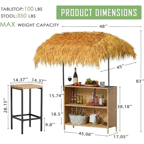 LAZZO 3 Pieces Outdoor Bar Set, Patio Wicker Bar Set with Height Stools and Islander Tiki Bar for Garden, Yellow