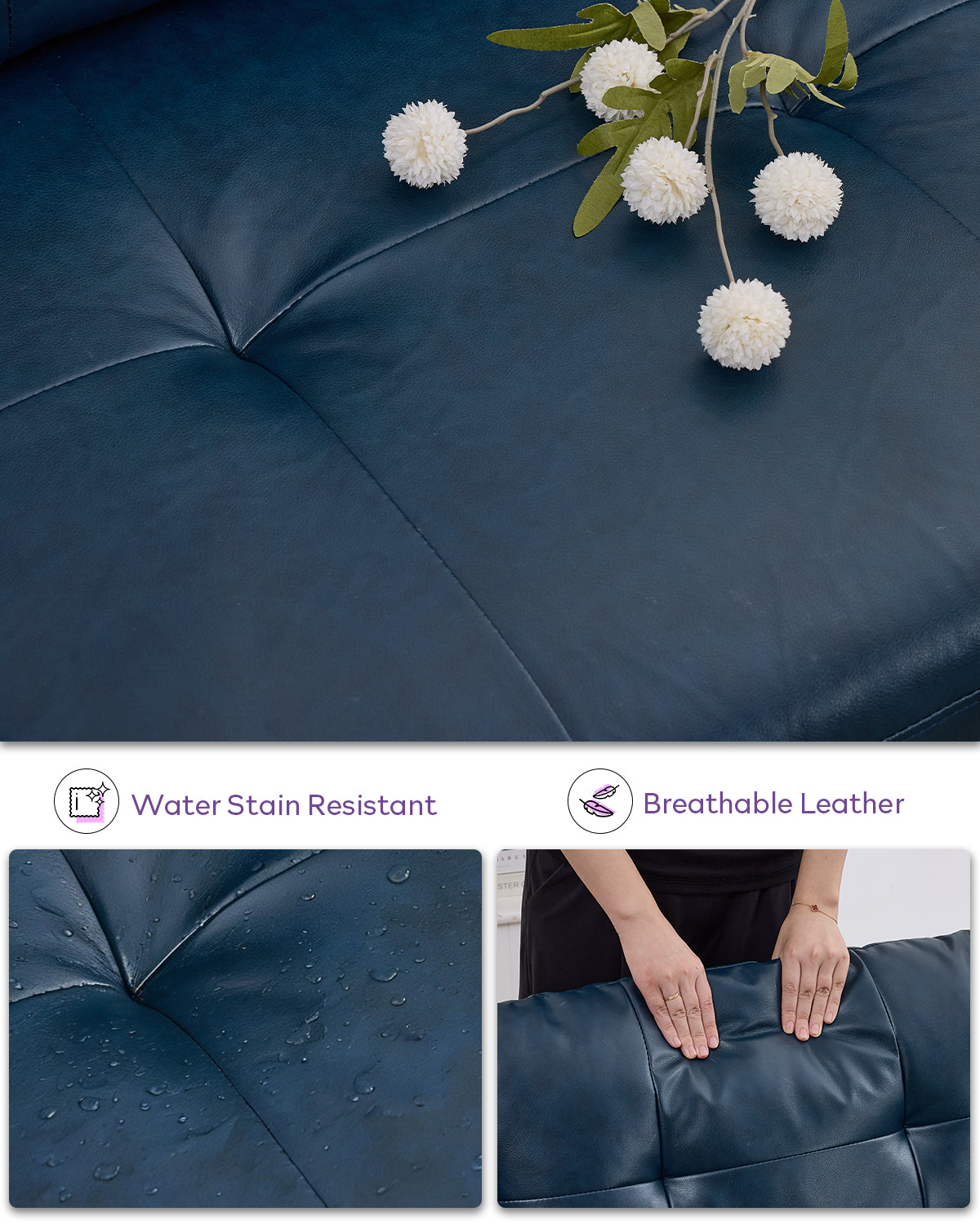 TYBOATLE 3 Seat L Shaped Leather Sectional Couches for Living Room, Faux Leather Couch w/USB & Type-C Charging Port, Small Sectional Sofa w/Deep-Seat Chaise (Blue)