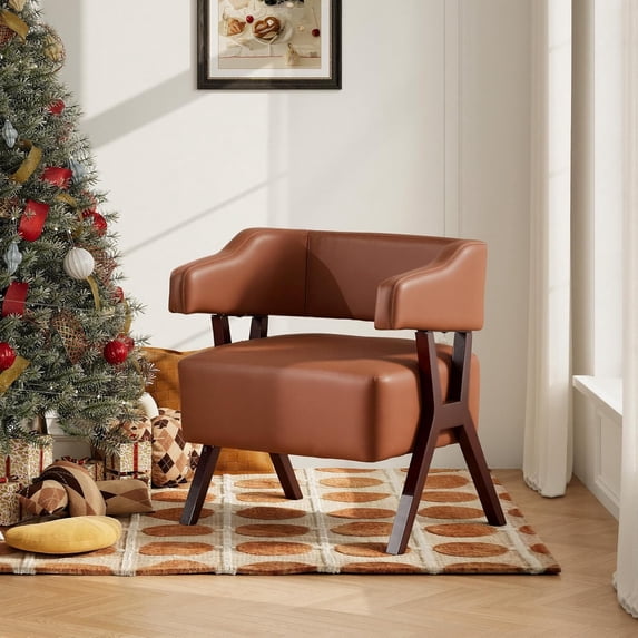 LAZZO Mid-Century Modern Faux Leather Accent Chair with Curved Back and Solid Wood Frame for Living Room and Bedroom, Brown