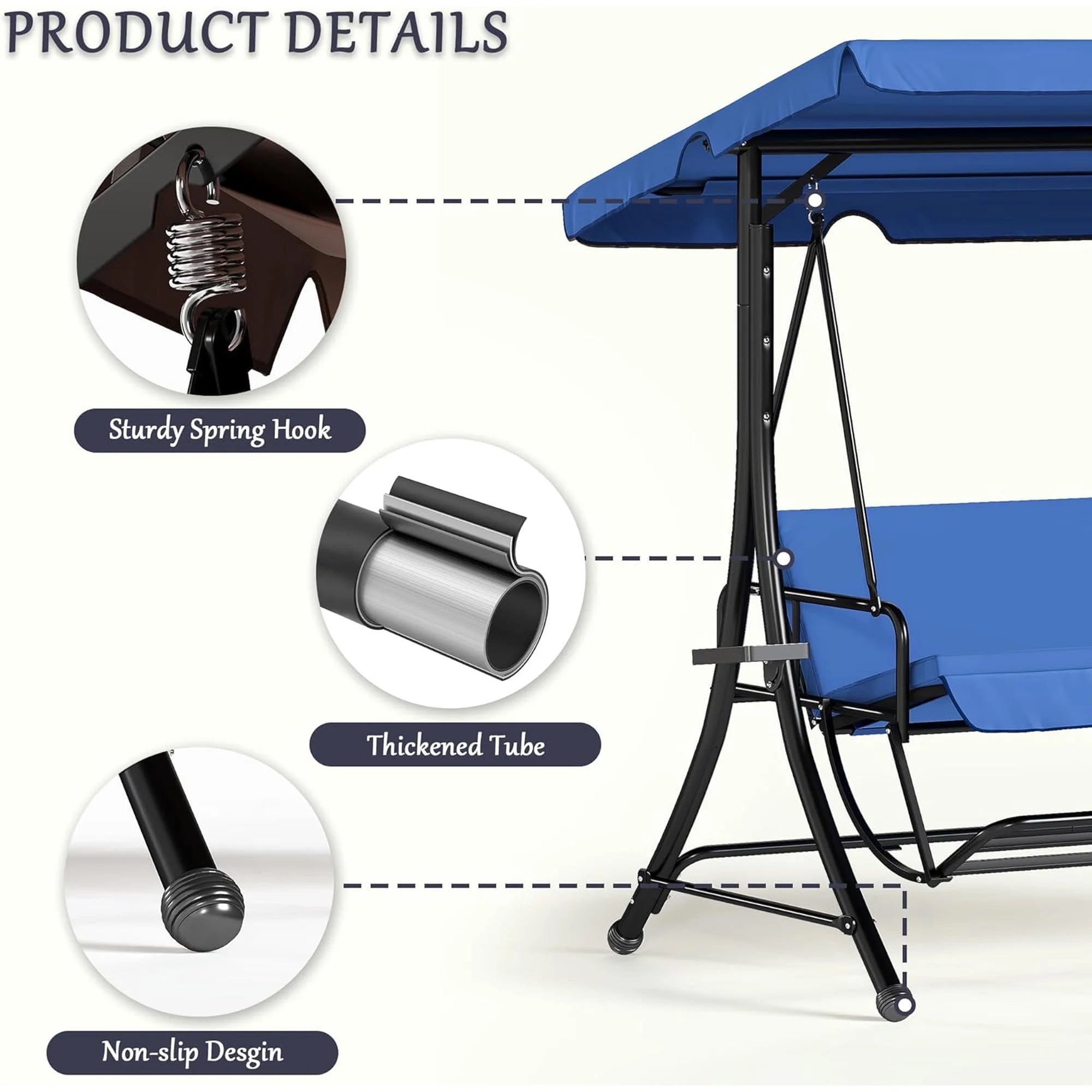 LAZZO 3-Seat Outdoor Porch Swing with Stand and Footrest, Reclining Lounge Bed Convertible, Adjustable Canopy & Removable Cushions, Blue