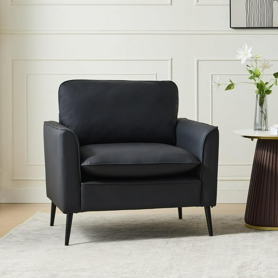 LAZZO Faux Leather Accent Chair, Comfy Armchair for Reading Living Room Bedroom and Office, Black