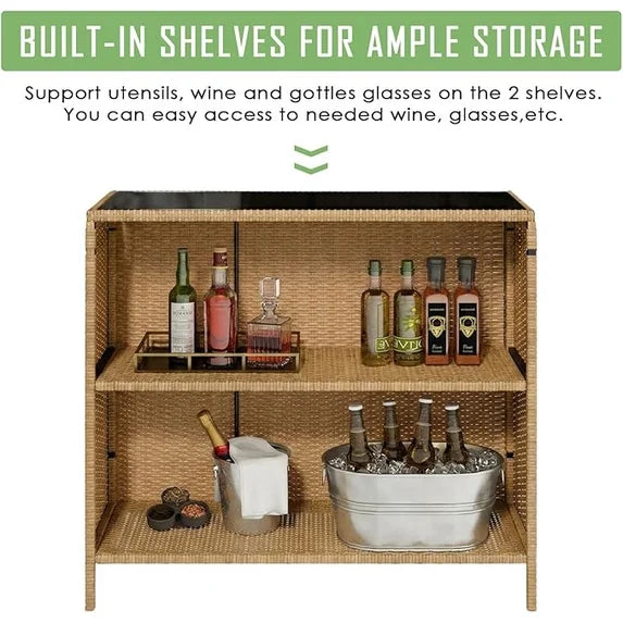 LAZZO 3 Pieces Outdoor Bar Set, Patio Wicker Bar Set with Height Stools and Islander Tiki Bar for Garden, Yellow