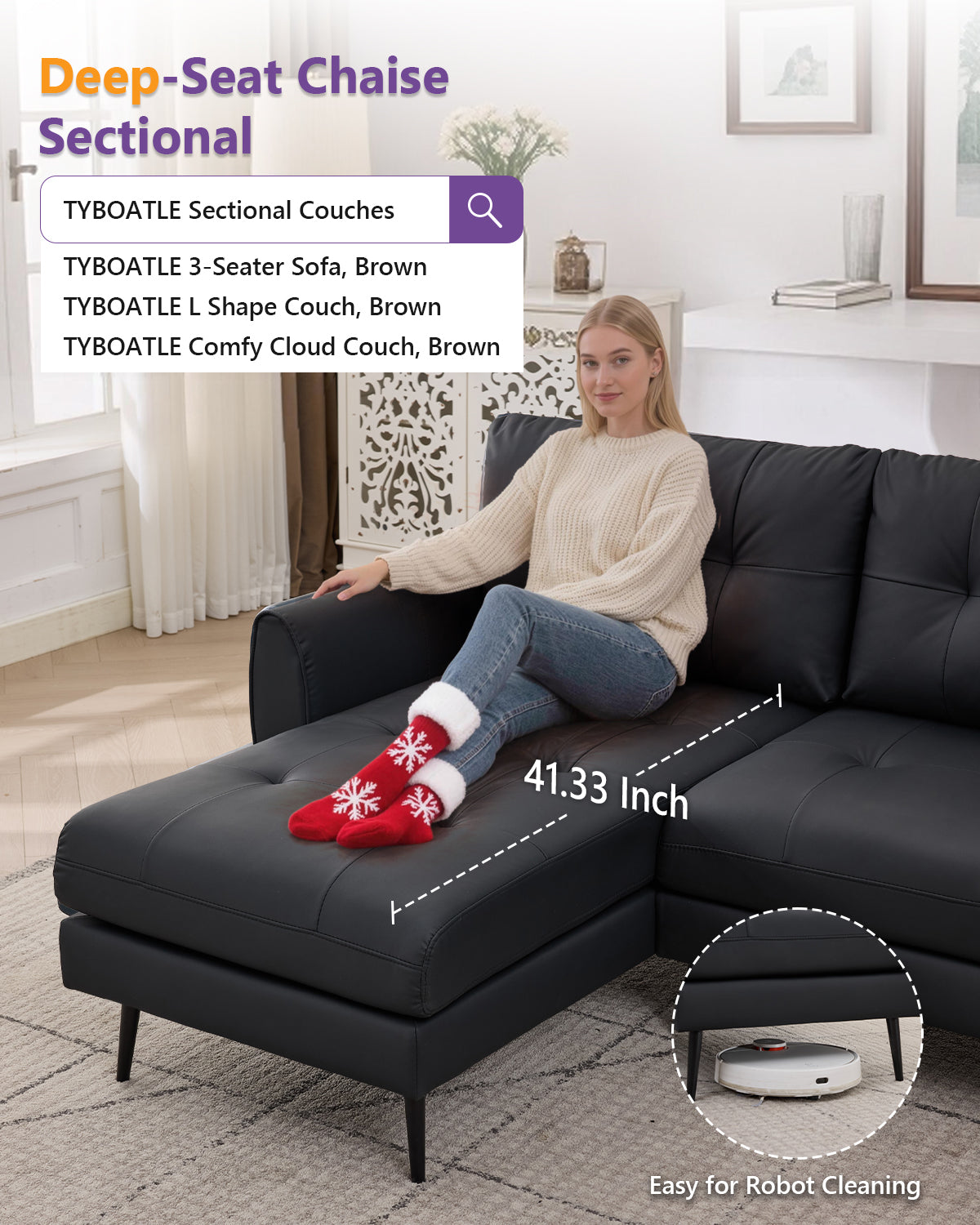TYBOATLE 3 Seat L Shaped Leather Sectional Couches for Living Room, Faux Leather Couch w/USB & Type-C Charging Port, Small Sectional Sofa w/Deep-Seat Chaise (Black)