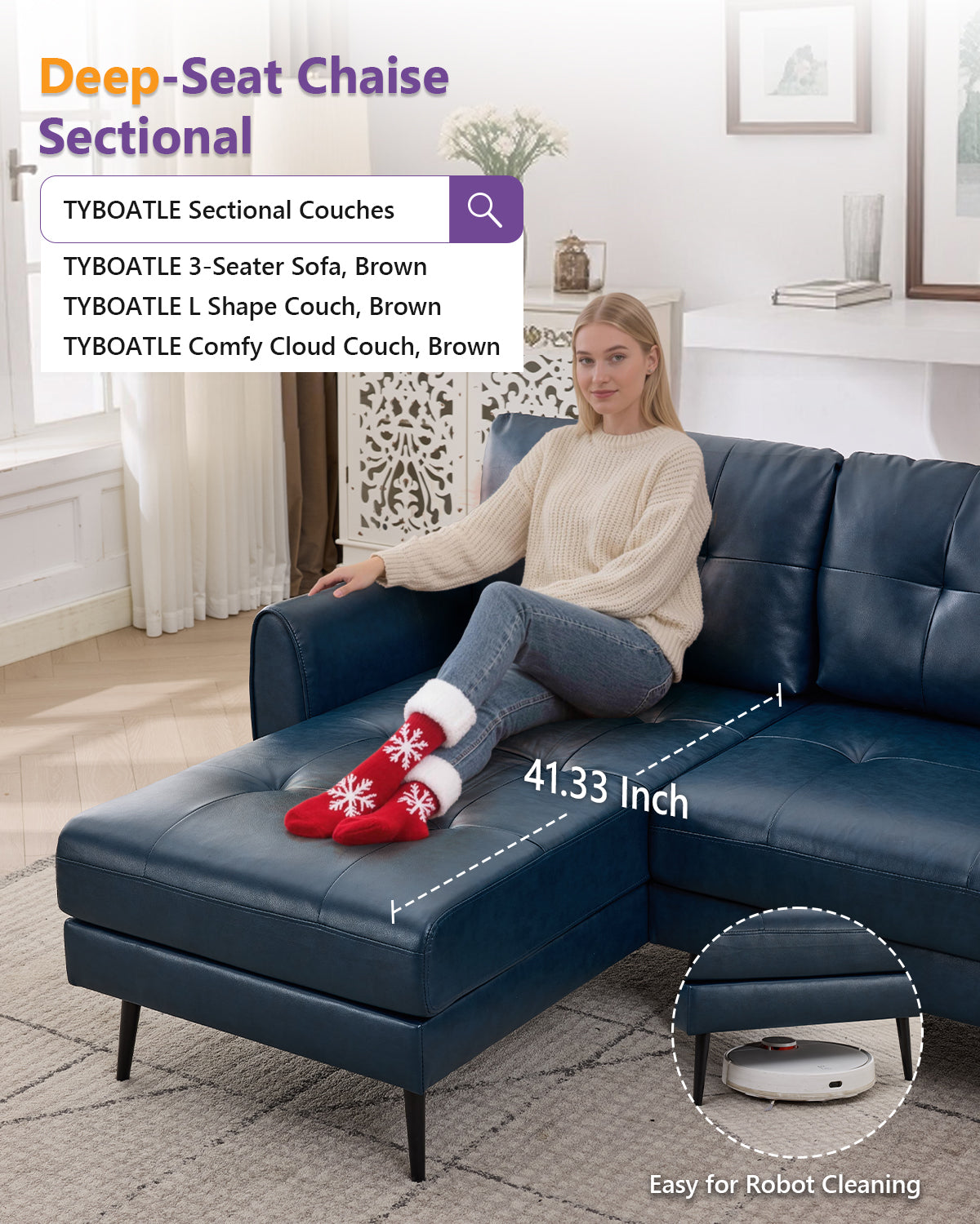TYBOATLE 3 Seat L Shaped Leather Sectional Couches for Living Room, Faux Leather Couch w/USB & Type-C Charging Port, Small Sectional Sofa w/Deep-Seat Chaise (Blue)