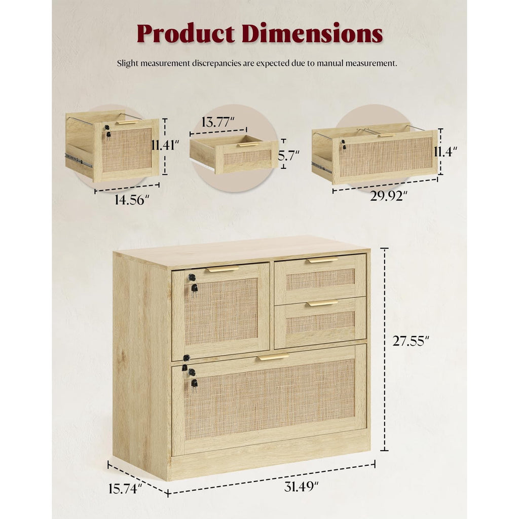 LAZZO File Cabinet with Lock, 4-Drawer Rattan-Front Wood Filing Cabinet for Letter, Legal, A4 and F4 Files, Natural Wood Finish