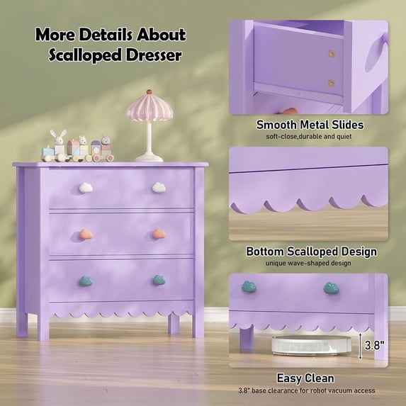 LAZZO 3-Drawer Nightstand, Modern Bedside Table with 2 Sets of Replacement Handles for Bedroom, Purple