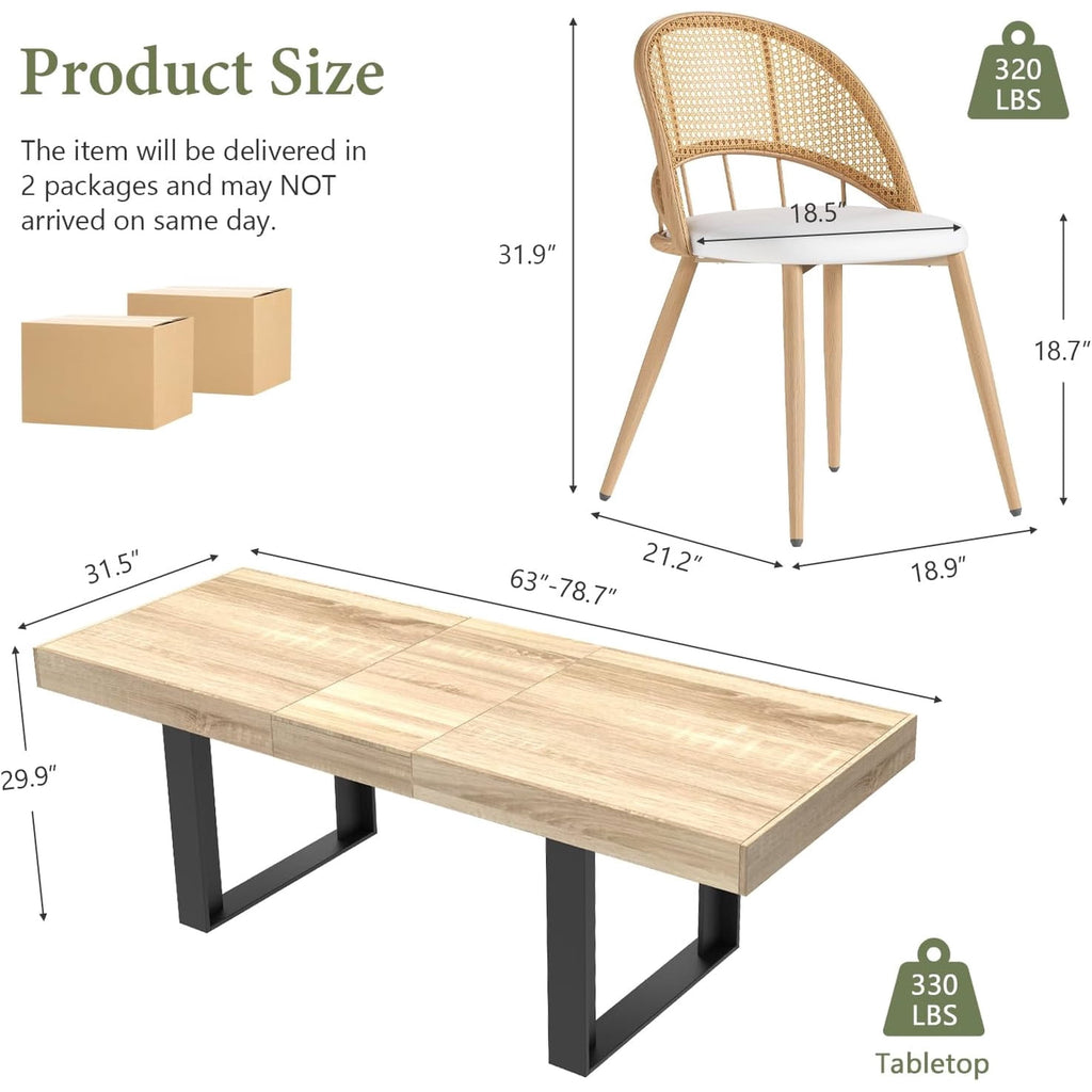 LAZZO 63"-79" Expandable Dining Set, 5-Piece Farmhouse Rectangular Wood Table with 4 Upholstered Chairs, Natural Wood