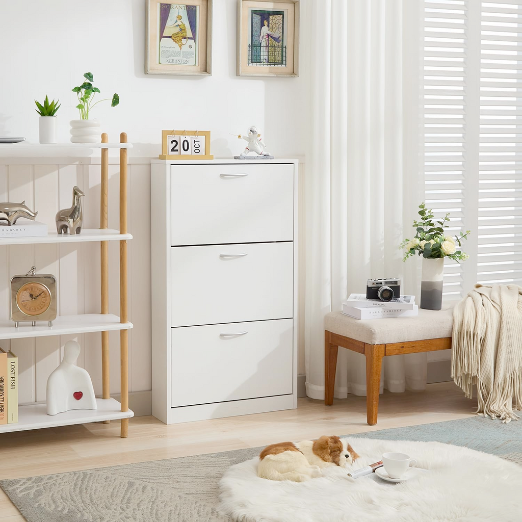 HOPUBUY Shoe Cabinet for Entryway, White Narrow Shoe Storage Cabinet Flip Down Shoe Rack Wood 3 Tier Shoe Organizer for Home and Apartment