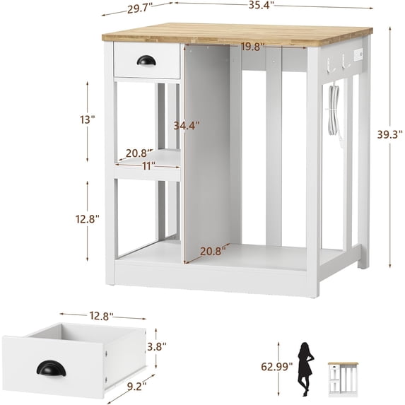 LAZZO 35.4" Farmhouse Kitchen Island with Storage, Fridge Space and Power Outlets for Small Spaces, White