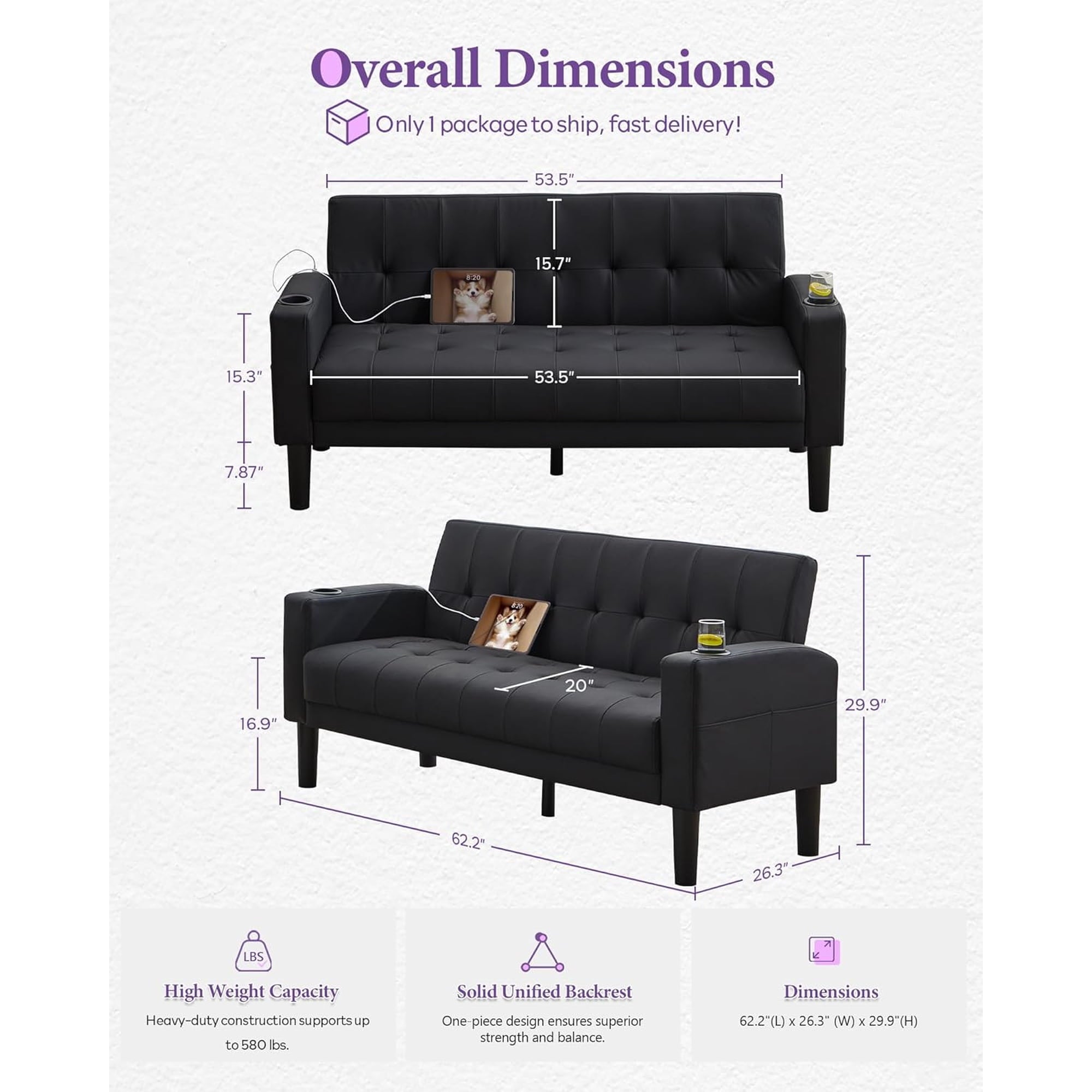 LAZZO 62" Loveseat, Mid-Century Modern Faux Leather Tufted Couch with USB Charging Ports and Cupholders, Black