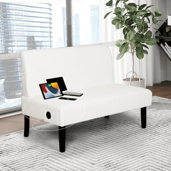 LAZZO 43" Mini Small Comfy Couch Armless Loveseat Sofa with USB Port, White