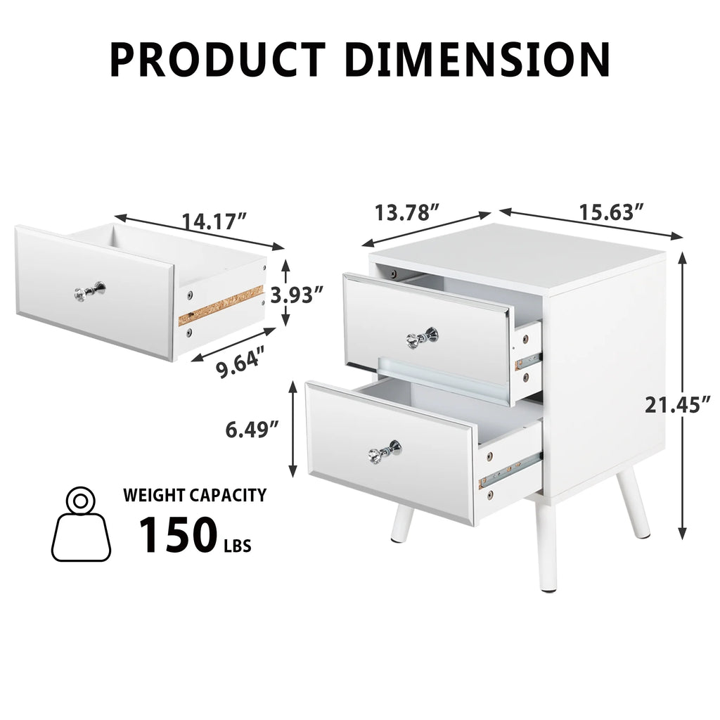 LAZZO Mirrored Nightstand Set of 2, Modern White 2-Drawer Bedside Table for Bedroom and Living Room