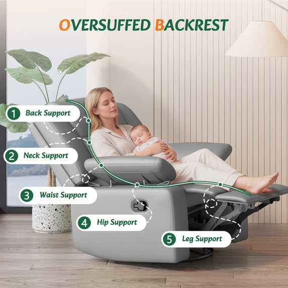 LAZZO Recliner Chair with Adjustable Armrest and Headrest, Upholstered Swivel Rocking Chair for Nursery & Living Room, Gray