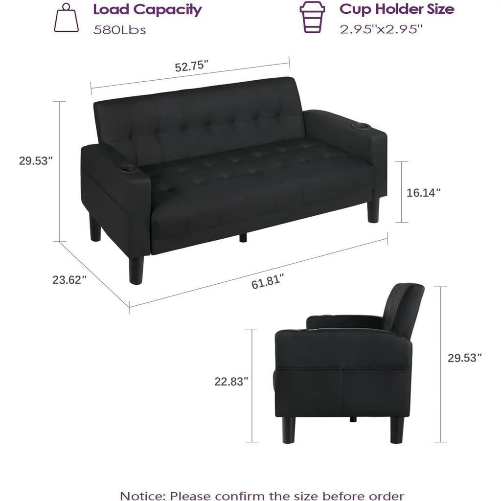 LAZZO 62" Mid-Century Modern Loveseat Sofa, Faux Leather Tufted Compact Couch with USB Ports & Cupholders, Black