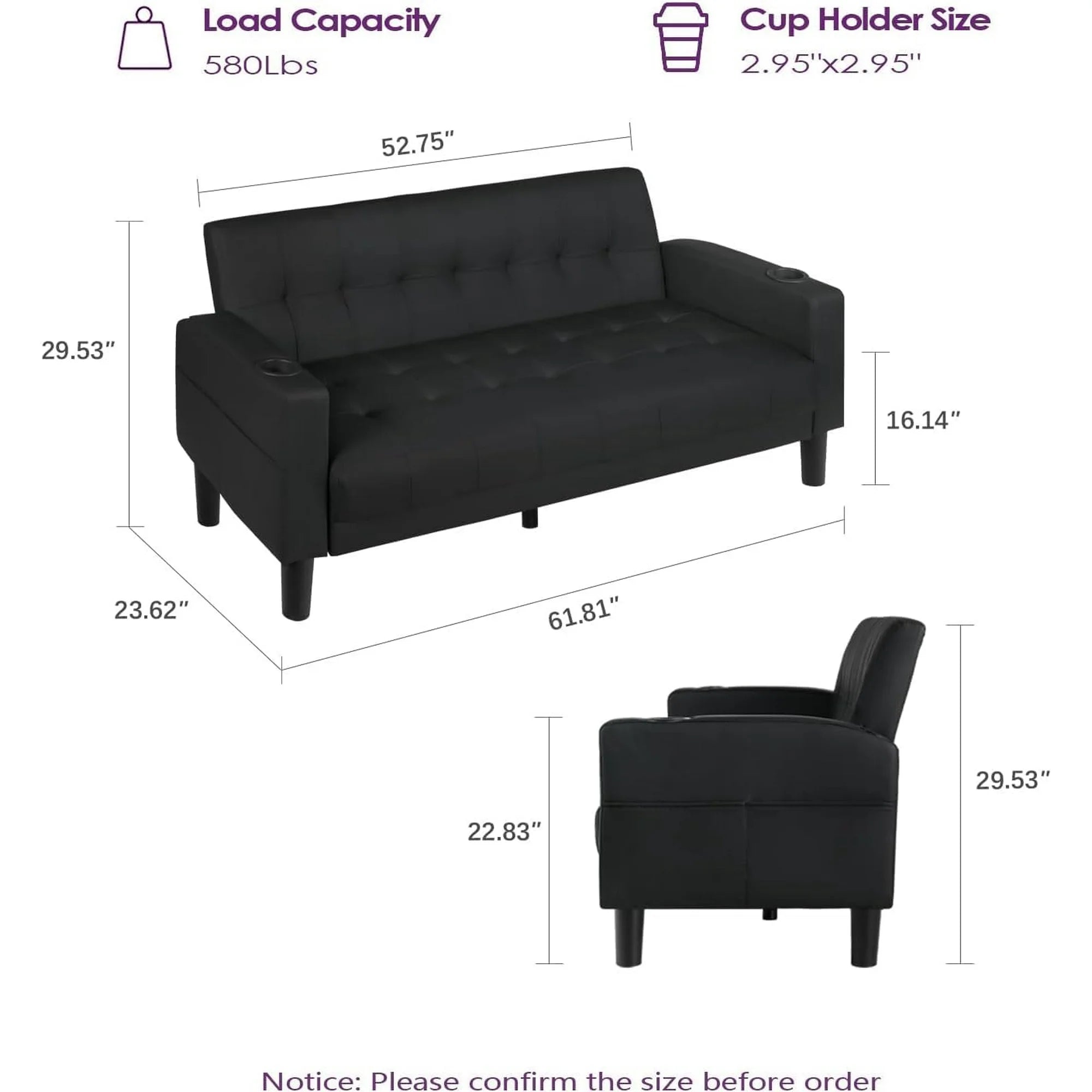 LAZZO 62" Mid-Century Modern Loveseat Sofa, Faux Leather Tufted Compact Couch with USB Ports & Cupholders, Black