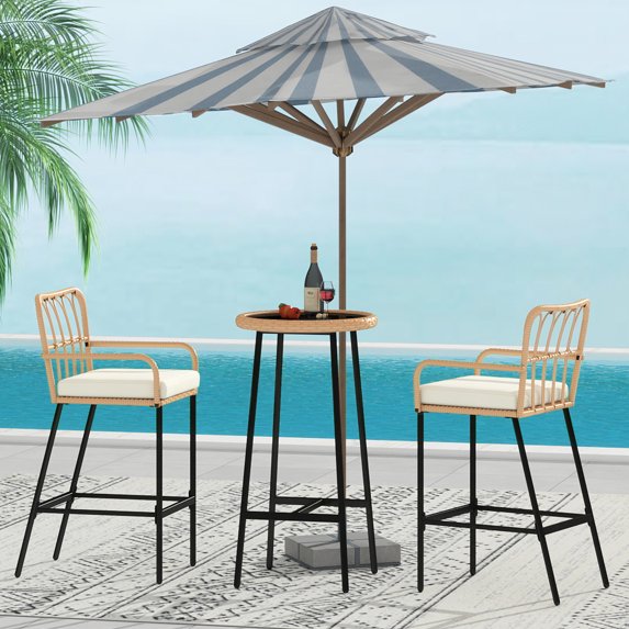 LAZZO 3-Piece Outdoor Patio Bar Set, Rattan Bar Stools with Tempered Glass High Top Table andBeige Cushions