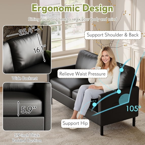 LAZZO 56" Faxu Leather Loveseat, 2-Seater Sofa with USB Charging Ports and Side Pockets for Living Room, Bedroom and Office, Black